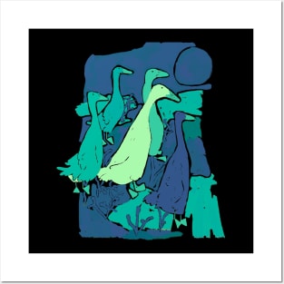 Ducks print in Blue Posters and Art